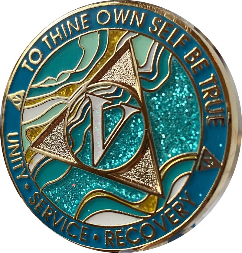5 Year AA Medallion Elegant Marble Caribbean Aqua Glitter Blue Gold Plated Chip